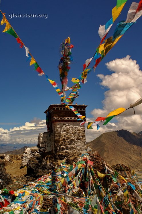 Tibet, Shigatse, praying flags in top of mountain