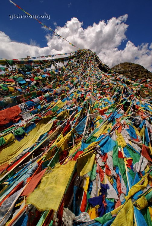 Tibet, Shigatse, praying flags in top of mountain